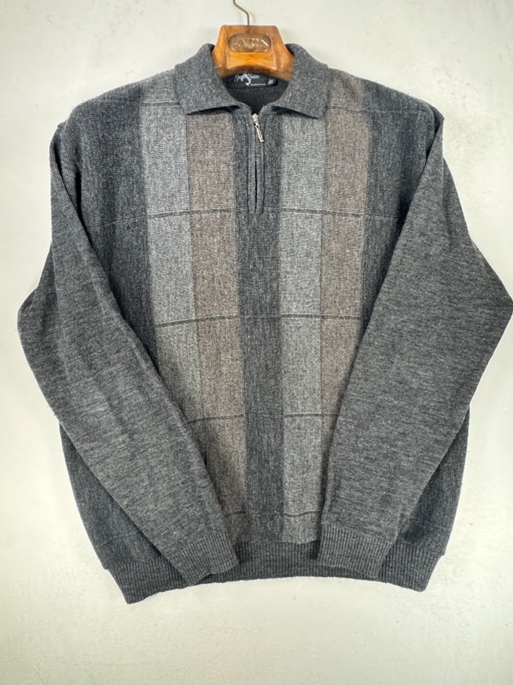 Gran Sasso Men's Grey and Brown Quarter-Zip Wool Sweater size XL